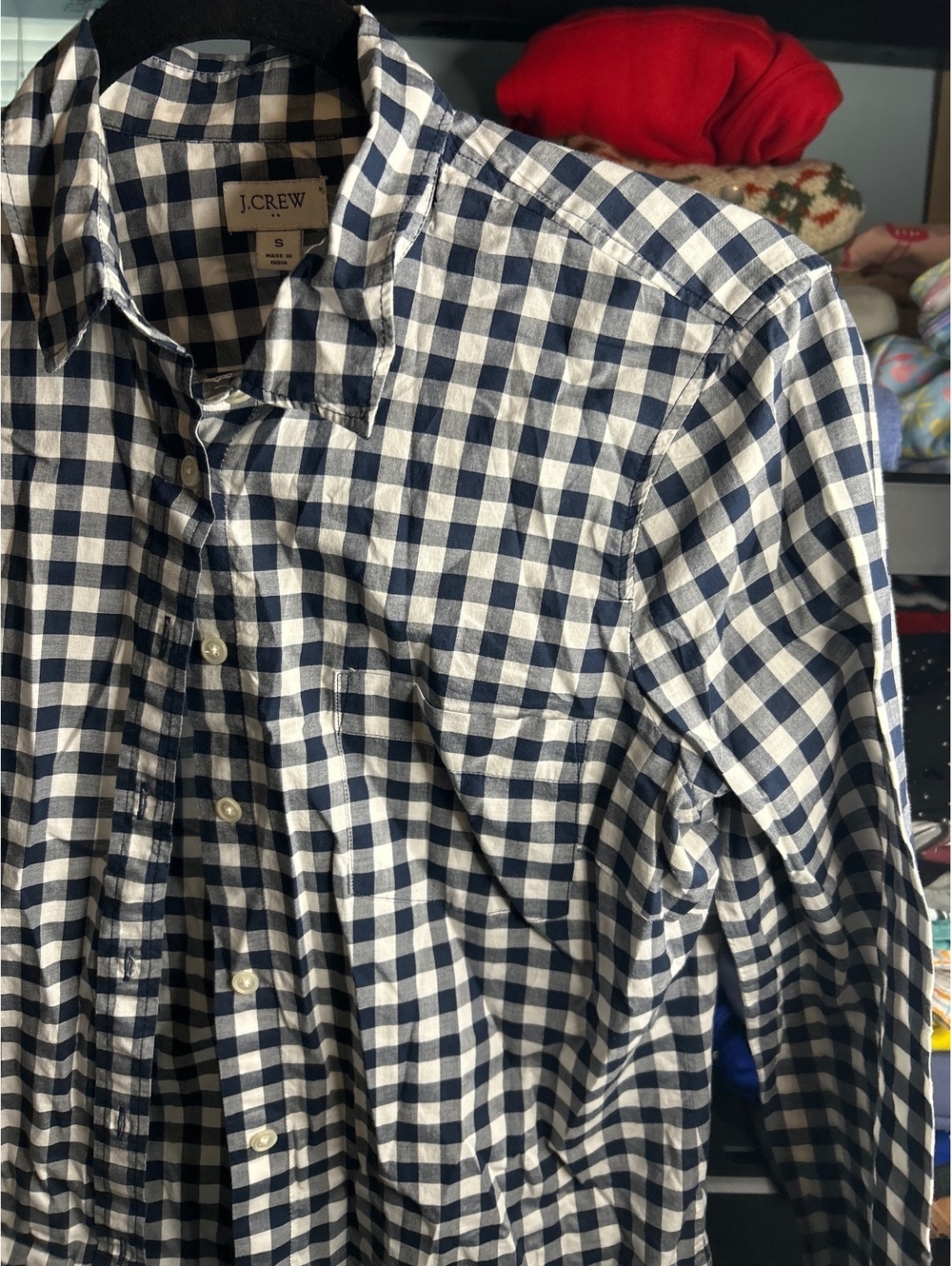 J.Crew Navy and White Gingham Button-Up Shirt Size S